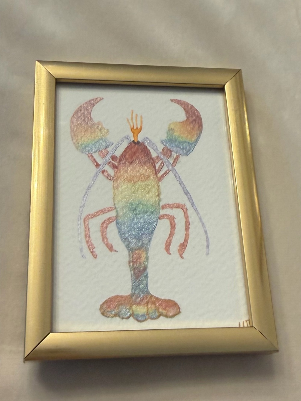 Mini Framed Original Rainbow Metallic Lobster Watercolor Art, Signed